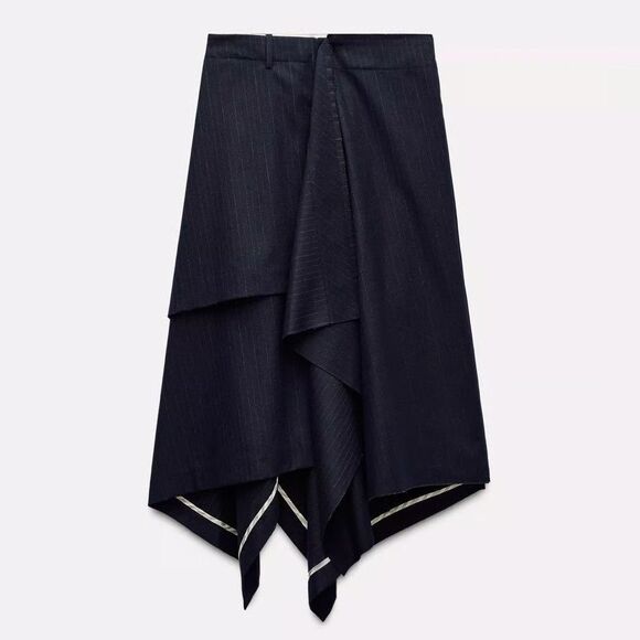 Zara Women Midi Skirt Small Black Pinstriped handkerchief Asymmetric High Low - Picture 1 of 14